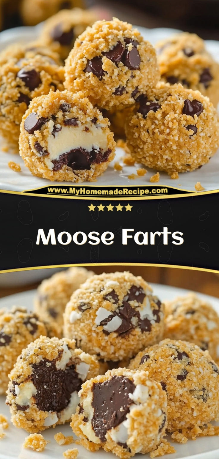 chocolate chip cookie balls on a white plate with the words moose fars above them