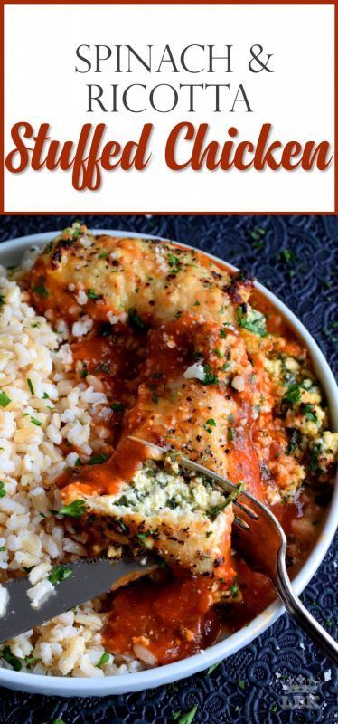 spinach and ricotta stuffed chicken in a bowl with rice