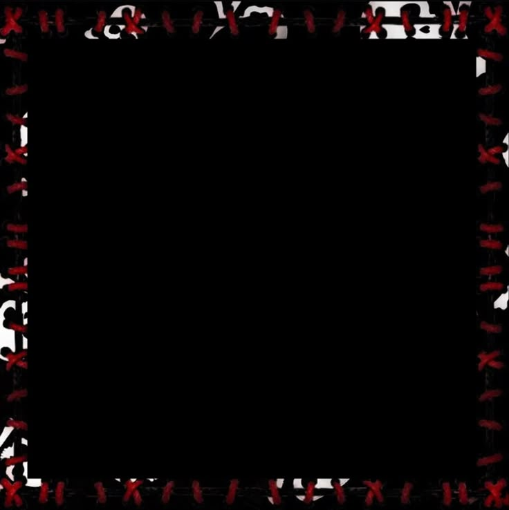 a black and red square frame with letters in the middle on a black background that has white writing all over it