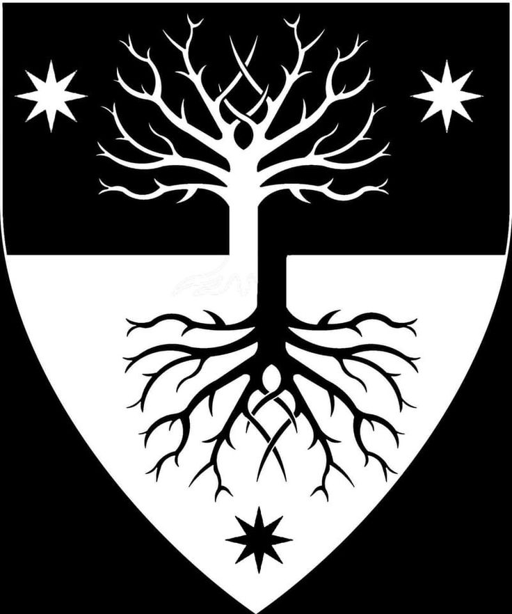 a black and white shield with a tree on it