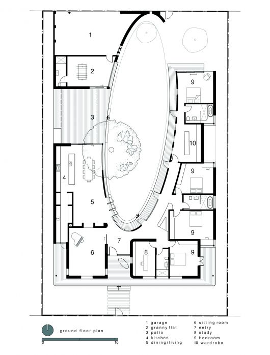 the floor plan for a house with an oval shaped pool in the center and stairs leading up to it