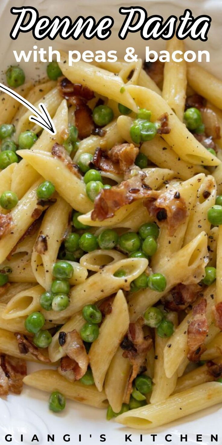 penne pasta with peas and bacon in a white bowl