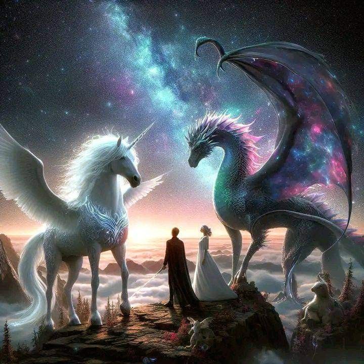 two white horses standing next to each other on top of a mountain under a sky filled with stars