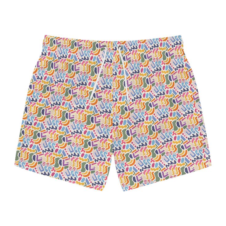 Nothing can swoosh down the summer heat like a dive into the sea - or into the nearest pool. These personalized swim trunks are here to take on your exclusive designs and most playful patterns. With an all-over-print capability accompanied by vivid colors, these swim trunks help you conquer the summer season in custom style.  .: Material: 100% polyester .: Mesh-lined side pockets .: Extra light fabric (3.54 oz/yd² (120 g/m .: Fast-dry fabric .: Mesh basket lining  .: Printed care label inside .: Playful Swimwear For Summer Water Sports, Playful Graphic Print Swimwear, Playful Swim Trunks For Summer Sports, Playful White Swim Trunks For Swimming, Playful White Swim Trunks, Playful White Shorts For Poolside, Playful Multicolor Swimwear For Surfing, Multicolor Graphic Print Swimwear For Summer, Multicolor Fun Swim Trunks For Summer