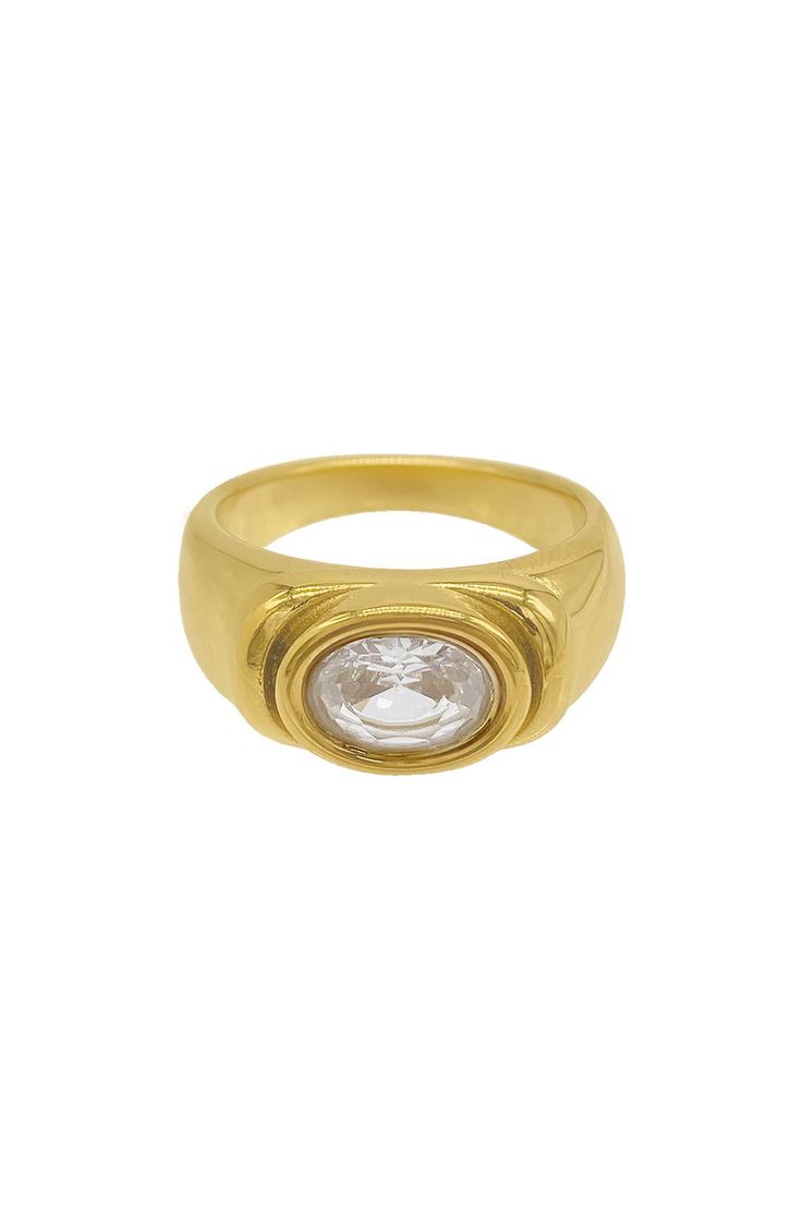 A bezel-set cubic zirconia brings elegant sparkle to a glossy signet ring finished in 14-karat yellow-gold plate. 14k-gold plate/cubic zirconia Imported Classic Tarnish Resistant Diamond Ring, Gold Signet Ring With Center Stone, Gold Bezel Setting Crystal Ring For Anniversary, Gold Crystal Ring With Bezel Setting For Anniversary, Classic Gold Crystal Ring With Center Stone, Classic Oval Signet Ring With Cubic Zirconia, Classic Oval Cubic Zirconia Signet Ring, Gold Cubic Zirconia Diamond Ring With Bezel Setting, Gold Cubic Zirconia Ring With Bezel Setting