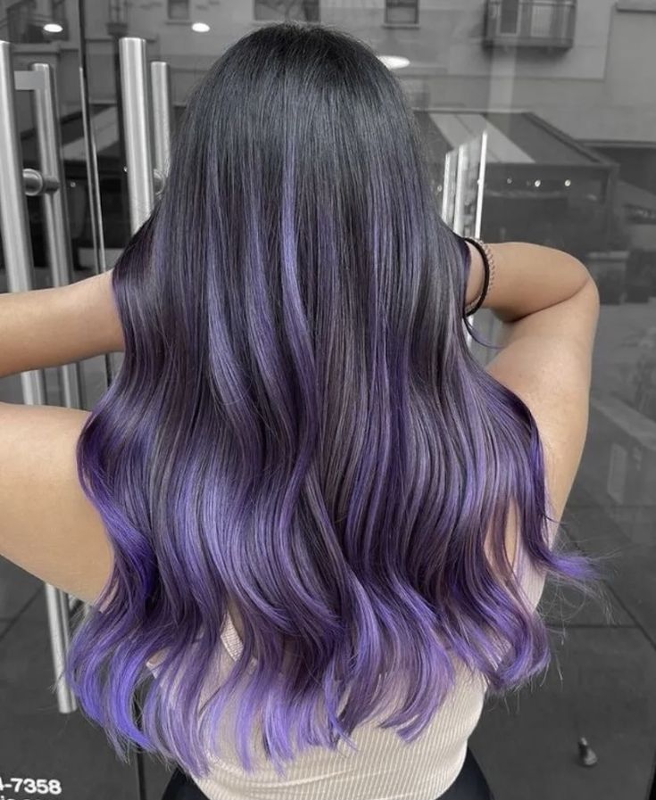 Brown Hair Lavender Highlights, Black Hair Brown Girl, Black Hair With Purple Tips, Hair With Purple Tips, Sunset Hair Color, Hair With Purple, Purple Hair Color Ideas, Purple Hair Highlights, Purple Hair Color