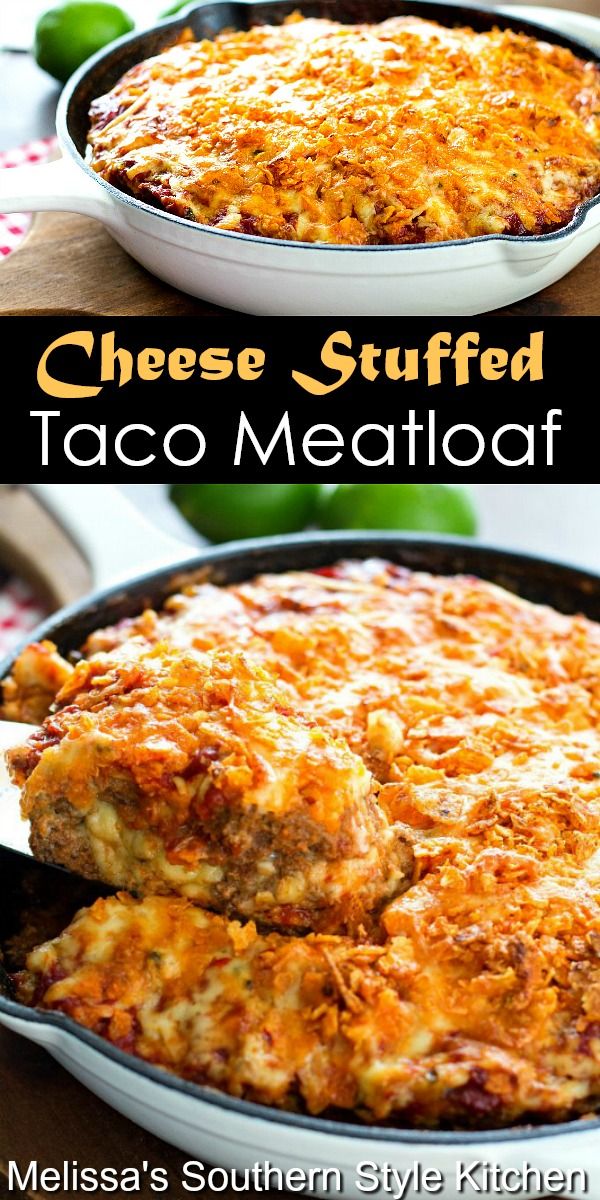 cheese stuffed taco meatloaf in a white casserole dish with text overlay