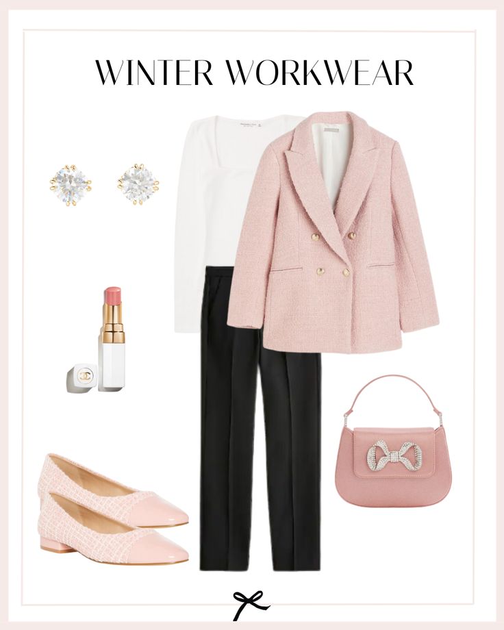 Elevate your winter workwear with a sophisticated and feminine outfit that seamlessly blends professionalism with style. Start with a polished pink textured weave blazer, adding a touch of warmth and vibrancy to your office look. Pair it with a crisp white long-sleeve square neck bodysuit for a classic and refined foundation. Opt for tailored black straight-leg pants to maintain a sleek and business-appropriate silhouette. Ground the look with pink cap toe ballet flats. Pink Ballet Flats Outfit, Pink Flats Outfit, Pink Work Outfit, Winter Work Outfits For Women, Winter Work Outfit, Pink Blazer Outfit, Winter Work Outfits, Atlanta Style, Winter Workwear