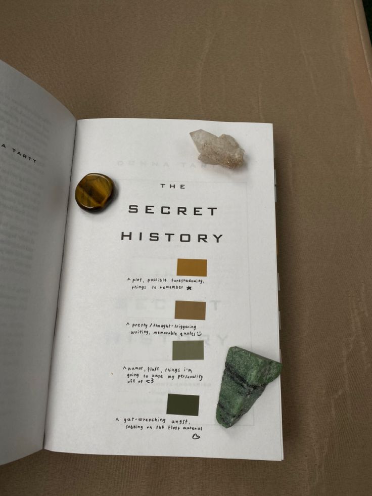 the secret history book is open on a table next to a rock and some other items