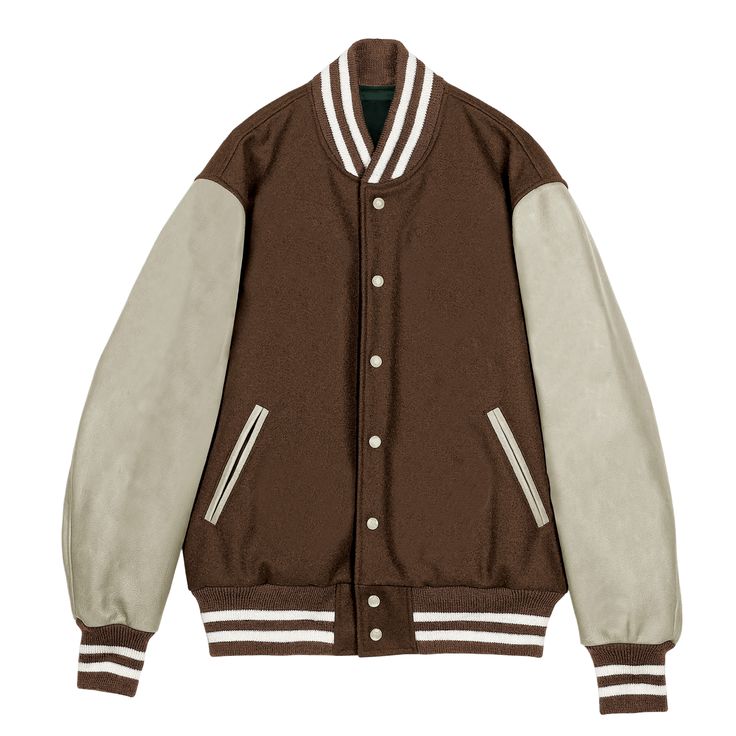 DETAILS OF JACKET The Classic Varsity Jacket Color: Brown / Cream White Rib on Neck, Wrist & Bottom/Hem Two External Side Pockets Exterior Sleeve: Cowhide Leather Interior: Polyester lining Style: Classic Varsity Care: DRY CLEAN ONLY We can add custom embroidery, printing, or labels on these jackets as per the customer's demand. Additional charges apply. College Varsity Jacket, Fleece Jacket Men, Jacket Aesthetic, Print Embroidery, Aesthetic Streetwear, Vintage College, Steven Alan, Leather Sleeves, Clothing Material