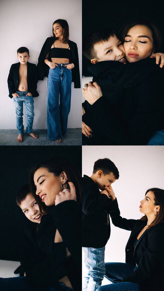 a woman and boy are posing for pictures together