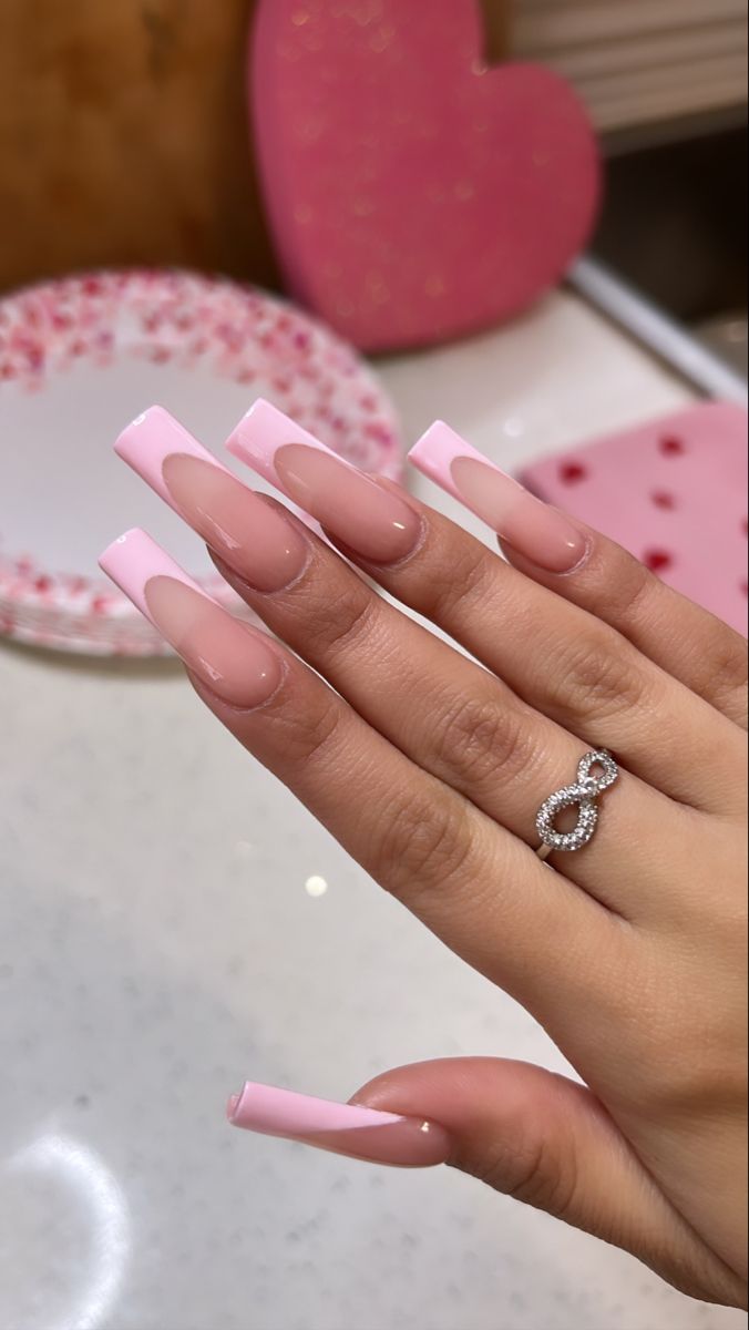 Soft Pink Square Acrylic Nails, Pink French Nails Square Long, Long Acrylic Nails Pink French Tip, Nail Inspo Long Simple, Pink Acrylic Nails With Rhinestones Simple, Long Pink French Tip Nails Square, Medium Long Nails Square Pink, Light Pink French Tip Nails Square Long, Long French Tip Acrylics