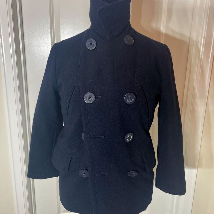 Outer Shell Material Is A Wool Blend, Inner Lining, Polyester, Gap Kids, Warm Winter Button Down, Medium 8-9. Nwot. Been In Storage For 8 Years Casual Wool Outerwear With Stand Collar, Casual Pea Coat With Snap Buttons For Winter, Fitted Stand Collar Outerwear For Cold Weather, Fitted Long Sleeve Sport Coat For Cold Weather, Navy Stand Collar Outerwear For Fall, Fitted Hooded Outerwear With Button Closure, Casual Outerwear For Cold Weather With Double Button Closure, Fitted Cold Weather Outerwear With Double Button Closure, Fitted Outerwear With Double Button Closure For Cold Weather