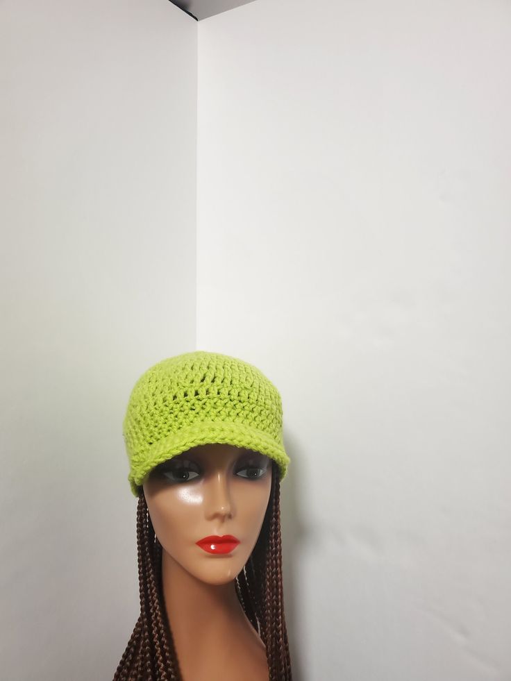 Slime Green Crochet Baseball Hat Handmade Add some style to your look with this handmade Slime Green Crochet Baseball Hat. Made of lightweight and breathable acrylic material, this hat features a solid pattern with crochet accents and a hip hop theme. Perfect for travel and casual occasions, this one size fits all cap is stretchy and suitable for all seasons Green Cotton Hat One Size, Trendy Crochet Acrylic Cap, Trendy Acrylic Crochet Cap, Casual Acrylic Crochet Cap, Trendy Green Crochet Hat, Trendy Yarn Cap, Green Crochet Cotton Hat, Trendy Adjustable Crochet Hat, Casual Green Cotton Crochet Hat