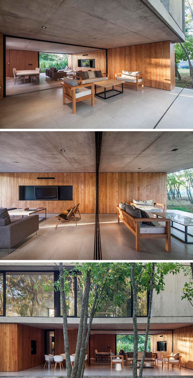 the inside and outside of a modern house with wood paneling, glass windows, and concrete floors