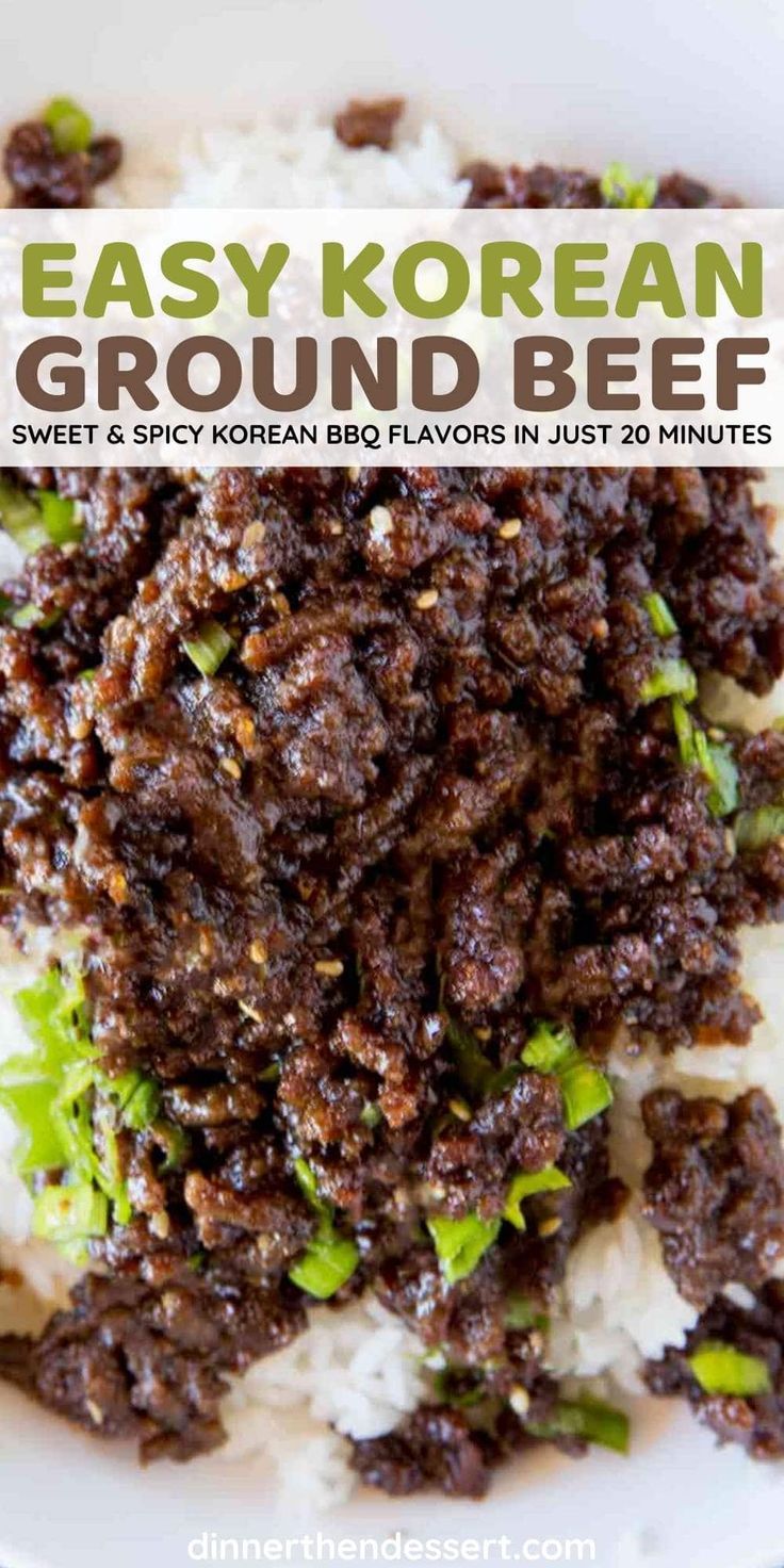 easy korean ground beef served over rice in a white bowl with green garnish