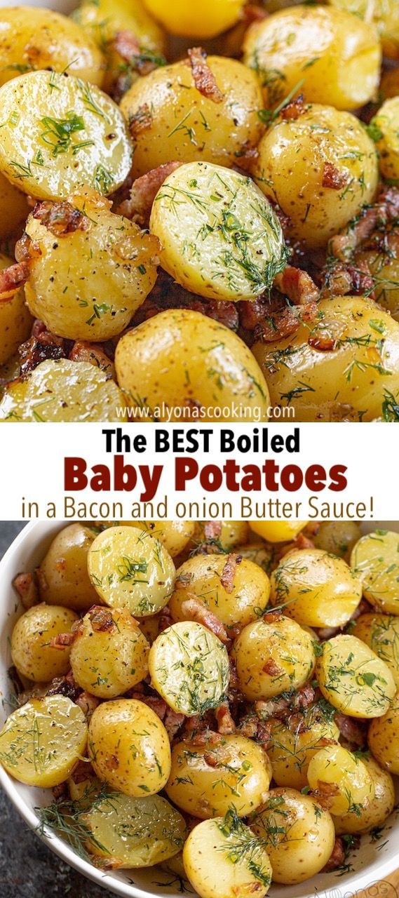 the best boiled baby potatoes in a bacon and onion butter sauce is an easy side dish