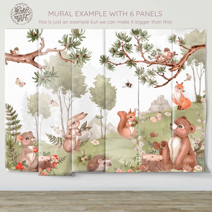 an animal themed room divider with trees and animals in the forest, including squirrels