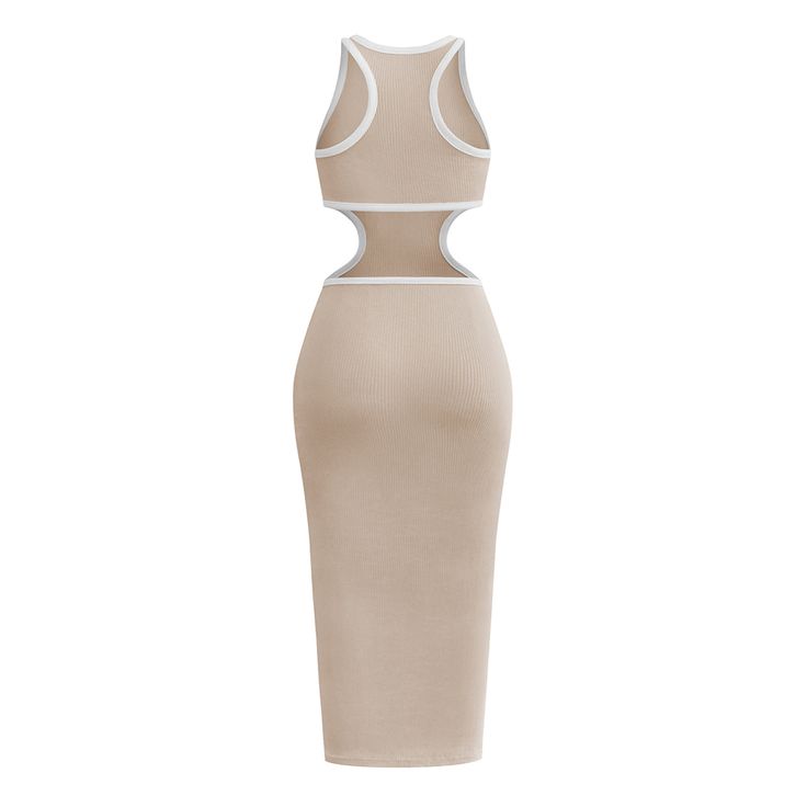 Apricot Rib Hollow Out Sleeveless Bodycon Dress White Sleeveless Bodycon Dress With Cutout, Sleeveless Beige Bodycon Summer Dress, Beige Stretch Sleeveless Midi Dress, Fitted Sleeveless Midi Dress With Cutout, Sleeveless Bodycon Midi Dress With Cutout, Summer Bodycon Sleeveless Dress In Beige, Beige Bodycon Sleeveless Dress For Summer, Chic Sleeveless Bodycon Dress With Cutout, Fitted Sleeveless Neutral Midi Dress