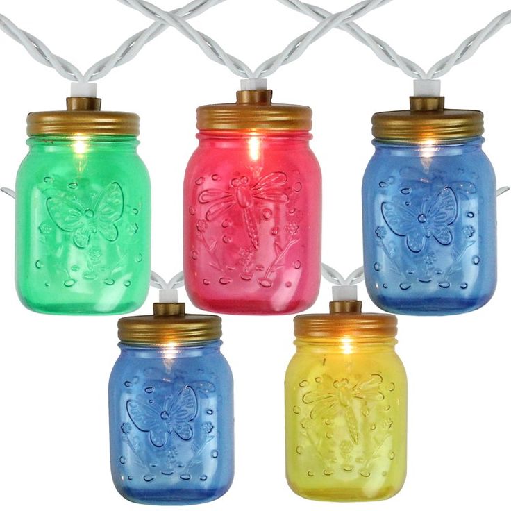 colorful mason jars with fairy lights hanging from the top, set of four in different colors