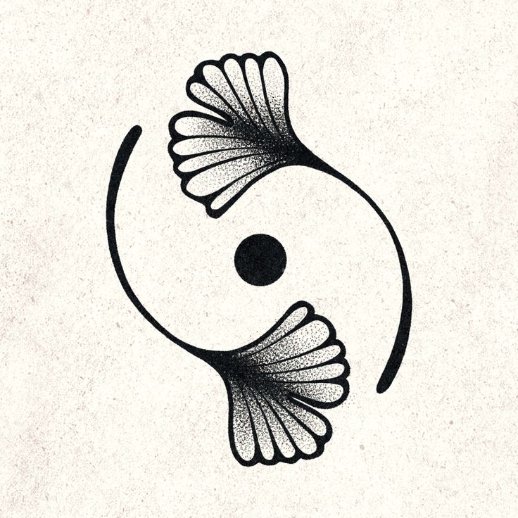 a black and white drawing of a fish with its tail curled in the shape of a circle