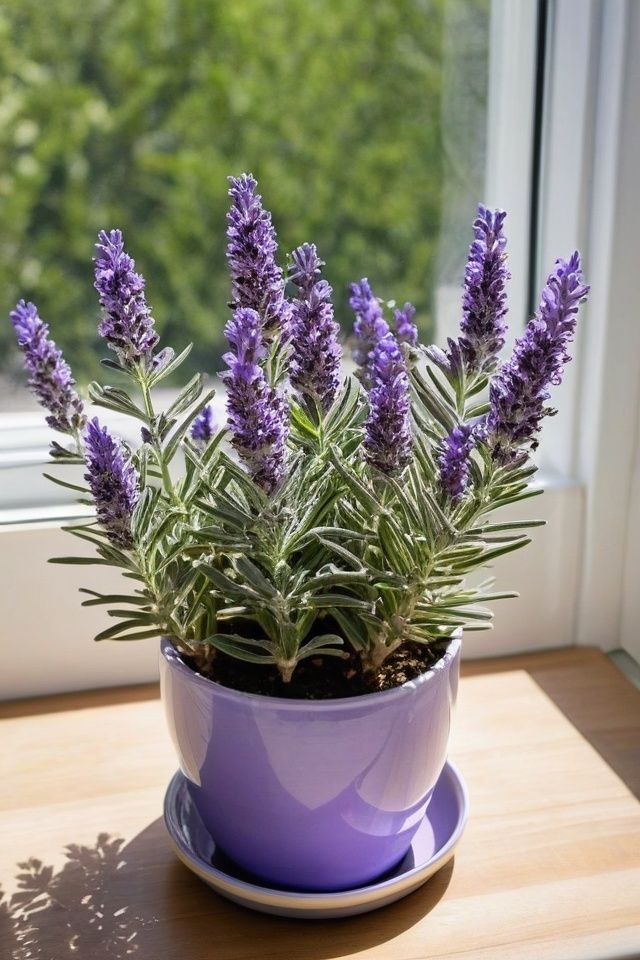 a potted plant with purple flowers sitting on a window sill