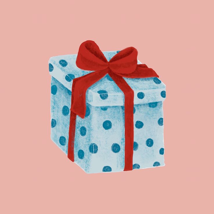 a blue and white gift box with a red bow on it's side, against a pink background