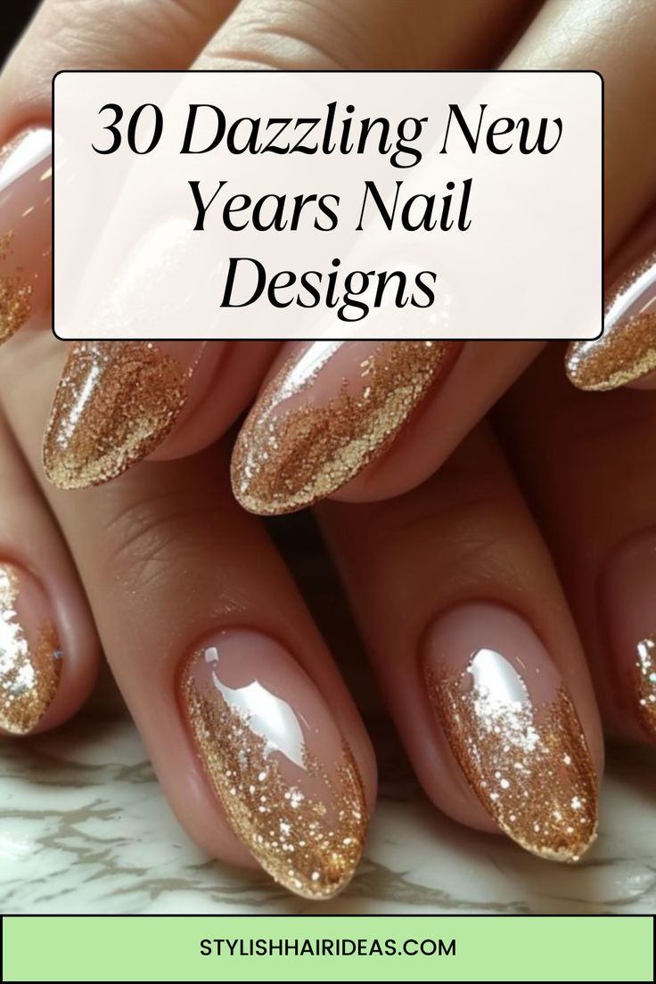 Countdown to midnight in style with these breathtaking New Year’s nail designs! Whether you love bold glitter or subtle shimmer, there’s a look for everyone. #NewYearsNailInspo #GlitzyNails #NYEParty Blingy New Years Nails, Gold Leaf Gel Nails, Festive Gold Nails, Holiday And New Years Nails, Gold Holiday Nails Glitter, Pink And Gold Sns Nails, Christmas And New Year’s Eve Nails, Pretty New Years Nails, New Years Nude Nails