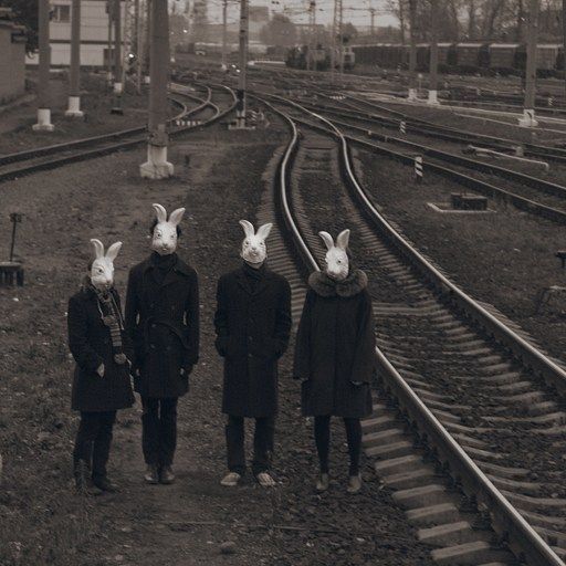 three people wearing bunny ears standing on train tracks