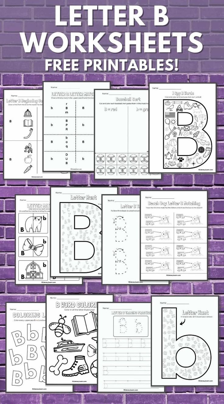 Graphic with 12 letter b worksheets on a purple brick background. Teaching The Letter B To Preschool, B Preschool Activities, Letter B Activities For Preschool, Preschool Letter B, Letter B Activities, Letter B Worksheets, Letter Recognition Worksheets, Letter Sort, Printable Alphabet Worksheets