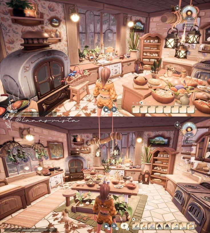 two pictures of the same kitchen and dining room in an animated video game, one is showing