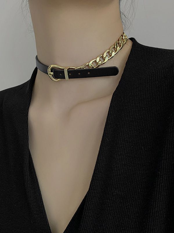 Original Cool Chain Leather Necklace & Bracelet GOLD-Adjustable Rockstar Jewelry, Casual Punk, Drape Maxi Dress, Personal Things, Music Festival Outfit, Goth Jewelry, Bracelet Accessories, Maxi Knit Dress, Leather Collar