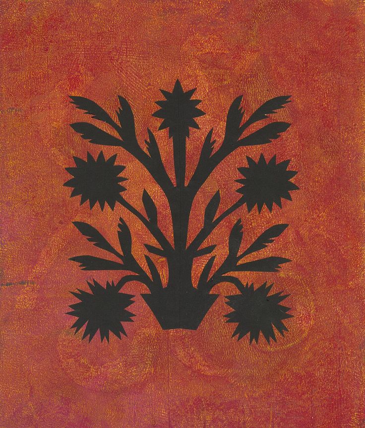 an abstract painting with black flowers on red background