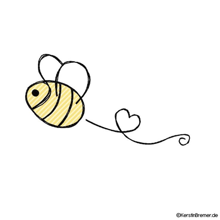 a drawing of a bee flying through the air with a heart on its back and tail