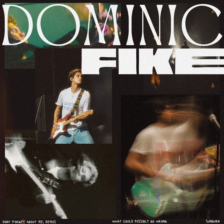 an advertisement for a band called domnic fike with images of people playing guitars