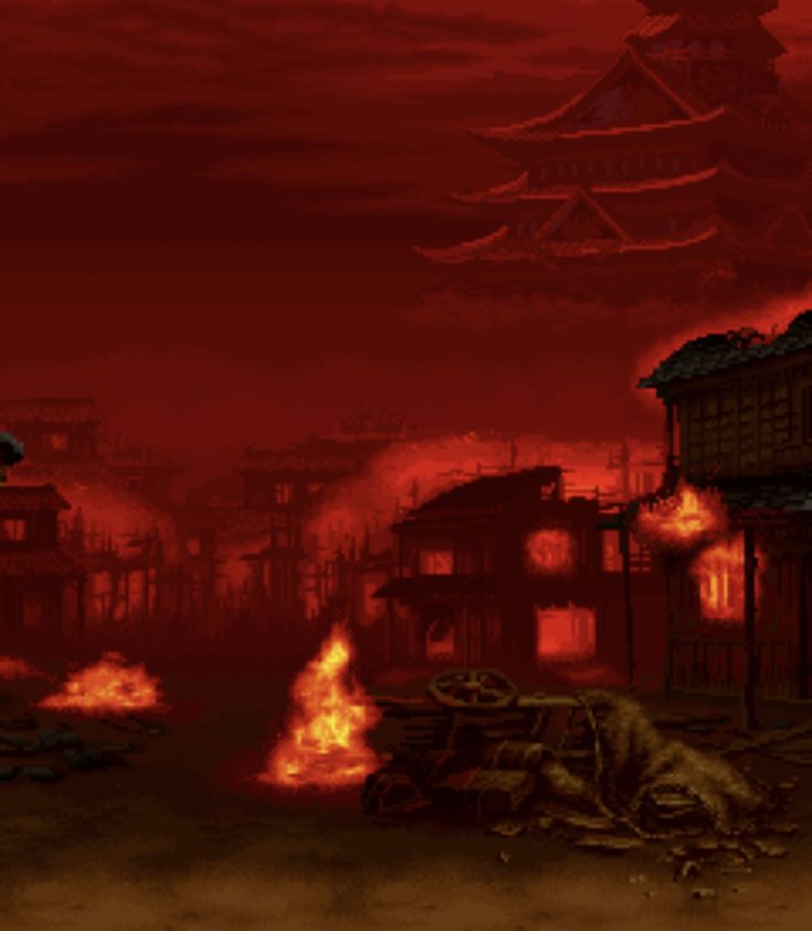 an old - fashioned video game is shown with flames coming out of the ground and buildings in the background