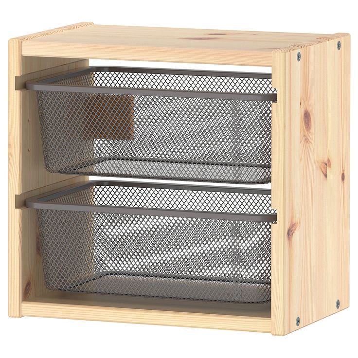 two bins with mesh sides are shown in this wooden box, one is open and the other is closed