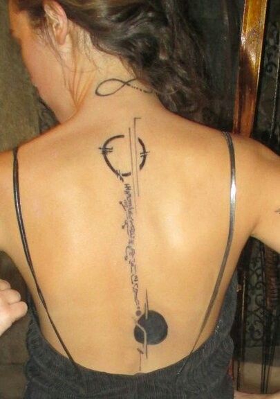 the back of a woman's neck with a tattoo on it