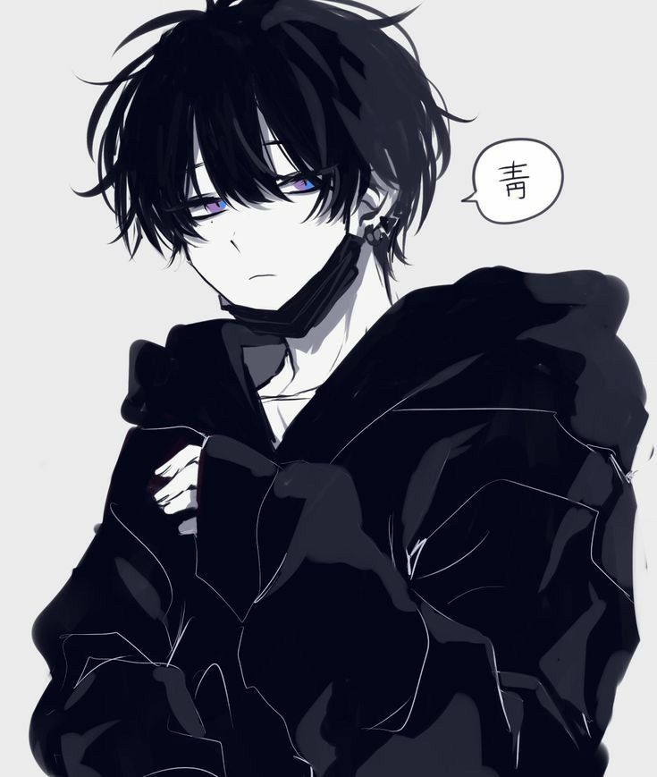 an anime character with black hair and blue eyes, wearing a black jacket in front of a white background