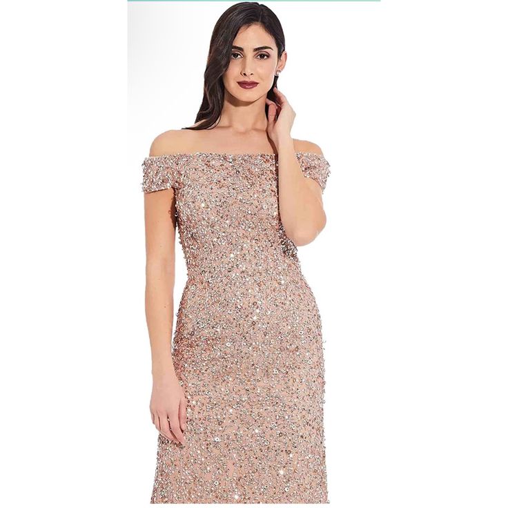 Adrianna Papell Off-Shoulder Beaded Gown Elegant Dress! Only Worn Once For A Wedding. Perfect For Dressing Up For A Special Occasion. Rose Gold Colored. Gown Elegant, Special Dresses, Beaded Gown, Adrianna Papell Dresses, Mermaid Skirt, Review Dresses, Sequin Beading, Long Gown, Embellished Dress