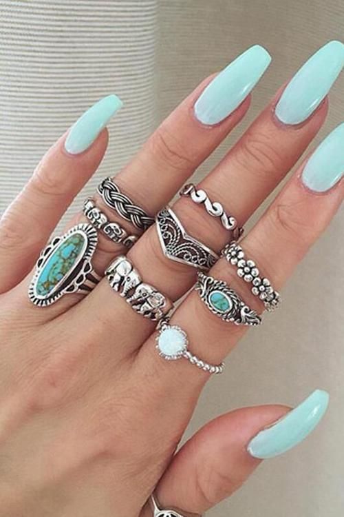 Wedding Nail Polish, Bohemian Style Rings, Gel Nails At Home, Knuckle Ring, Nail Polish Designs, Knuckle Rings, Rings Set, Square Nails, Cute Acrylic Nails