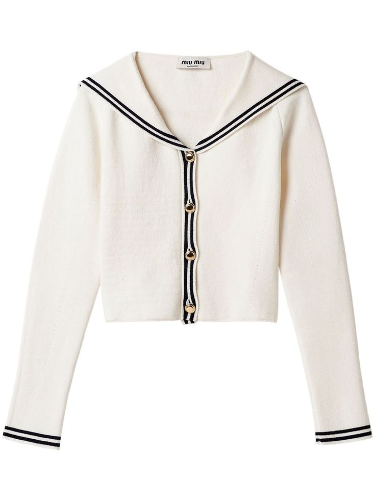 Miu Miu Sailor Knit Cardigan - Farfetch Miu Miu Sailor, Miu Miu Cardigan, Airport Fits, Sailor Collar, Dolce E Gabbana, White Cardigan, Cropped Cardigan, David Yurman, Lady Dior