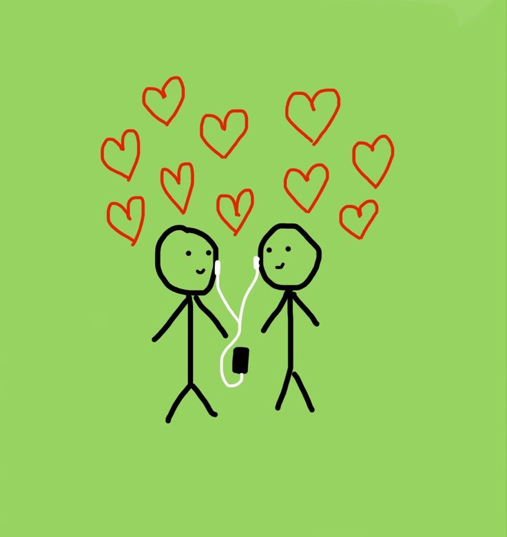 two stick figures are holding hands with hearts above them on a green background that says, love is in the air