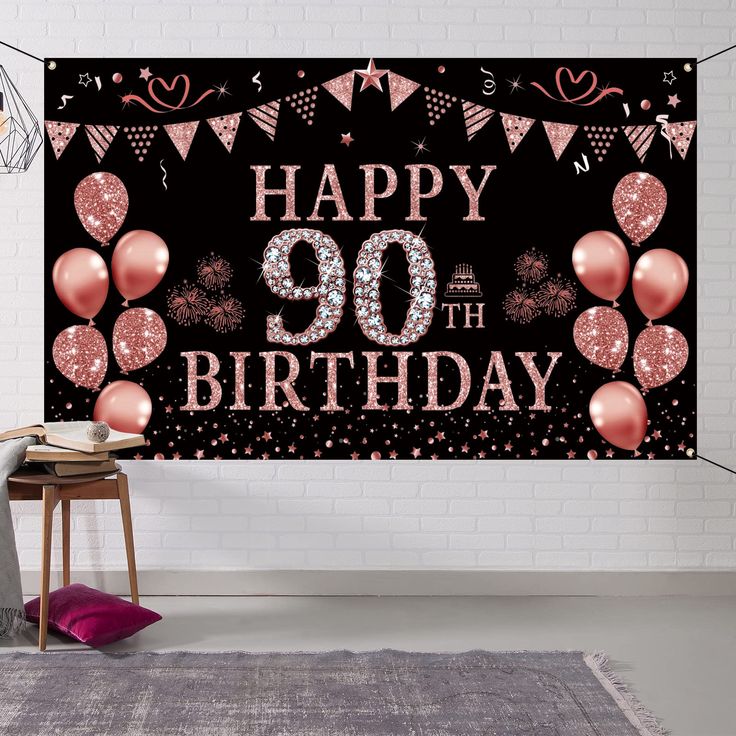 a happy 90th birthday banner with balloons and confetti in pink on a black background