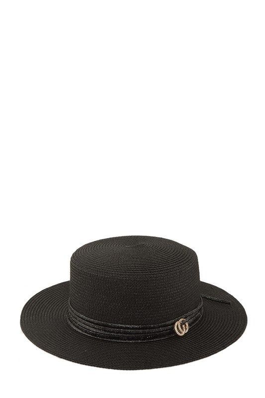 Straw Fashion Hat With CG Knot Accent Casual Black Boater Hat With Short Brim, Elegant Black Adjustable Hat, Black Adjustable Boater Hat With Short Brim, Casual Black Boater Hat For Spring, Black Trendy Boater Hat With Short Brim, Trendy Black Boater Hat With Short Brim, Black Elegant Boater Hat With Flat Brim, Elegant Black Boater Hat With Flat Brim, Elegant Black Boater Hat For Spring