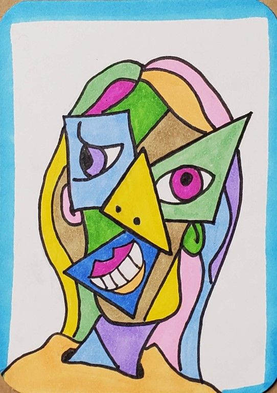 a drawing of a woman's face with different colored shapes