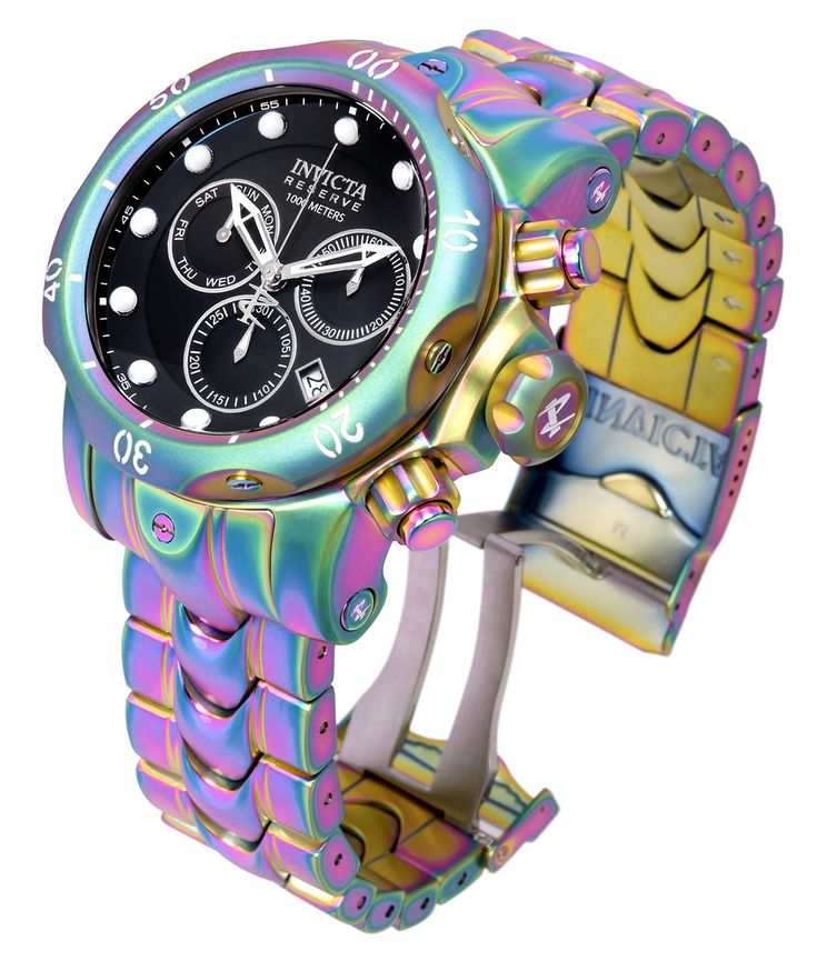 This impressive Invicta Reserve watch features a Quartz movement, all in a solid iridescent case. Its black metal dial is enclosed by a highly protective Flame Fusion Crystal. This watch is finished by a strong iridescent stainless steel band, and it offers 1000m water resistance.The exceptional taste and distinguished palette of the connoisseur will discover timeless pleasure within the Invicta Reserve collection. Specially developed for those in the know, Reserve is a reinvention of the superb Modern Multicolor Watches With Metal Dial, Multicolor Chronograph Watch With Round Dial, Luxury Multicolor Chronograph Watch Accessories, Luxury Multicolor Chronograph Watches, Multicolor Automatic Watch With Round Dial, Multicolor Automatic Watch Accessories, Modern Multicolor Automatic Watches, Luxury Automatic Multicolor Watches, Luxury Multicolor Automatic Watches