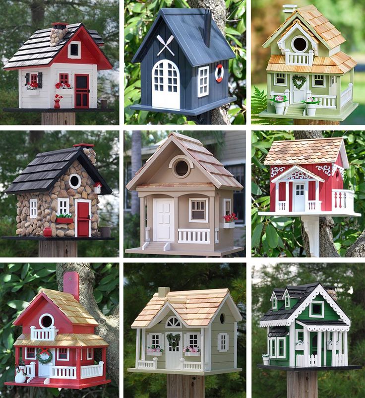 many different kinds of bird houses are shown