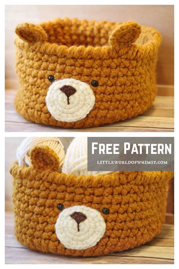 a crocheted basket with a teddy bear face on the front and back sides