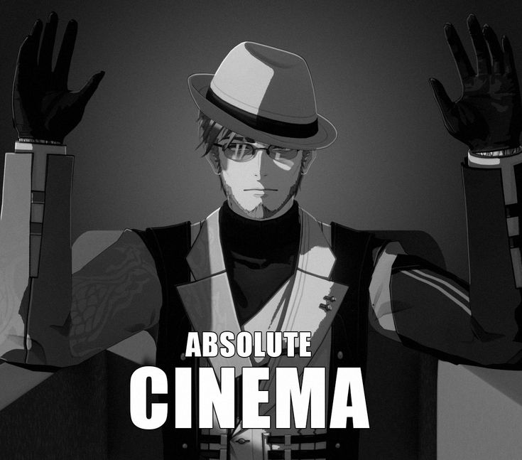 a man in a hat and glasses holding his hands up with the words absolute cinema on it